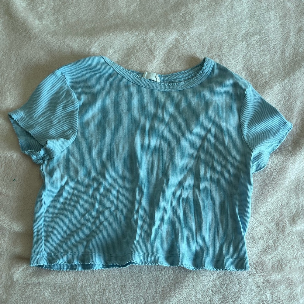 Cotton On Ribbed Blue Cropped Baby TShirt, Trim on Neckline, bottom, and Sleeves